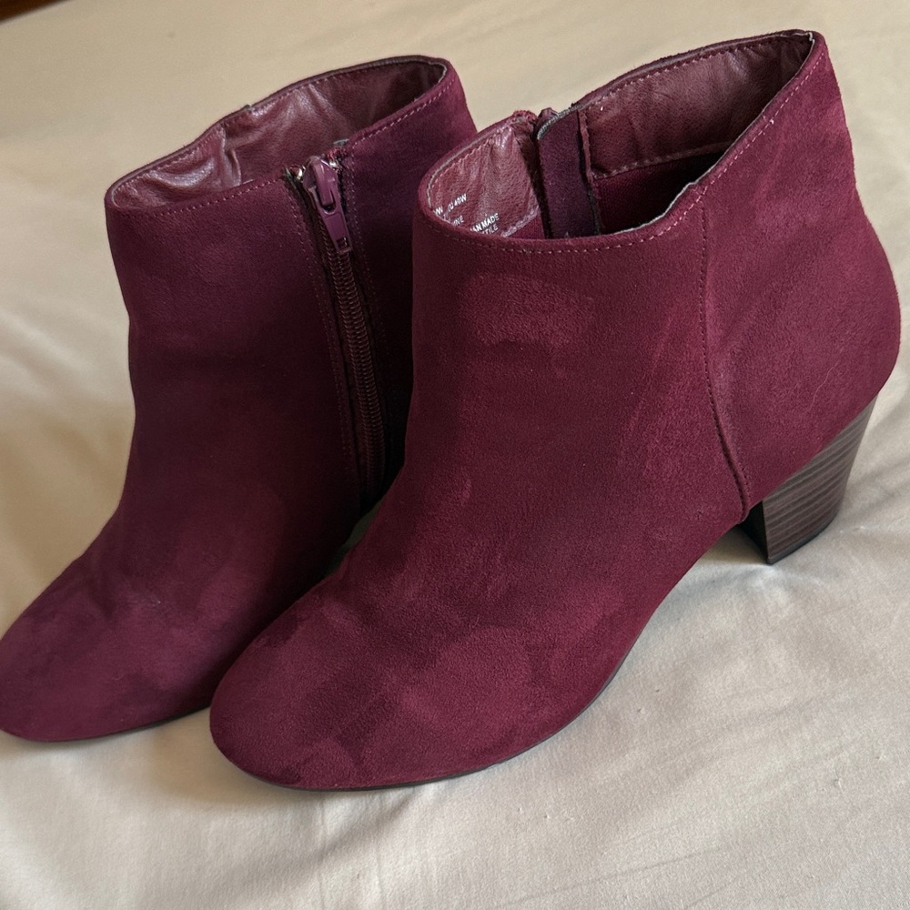 JustFab Burgundy Suede Ankle Booties with Side Zipper